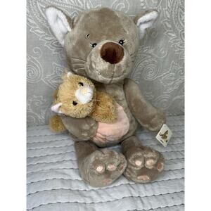 Plush Mom & Baby Cat Stuffed Animal Unipak Rattle 16” Gray Heart Kitten RARE